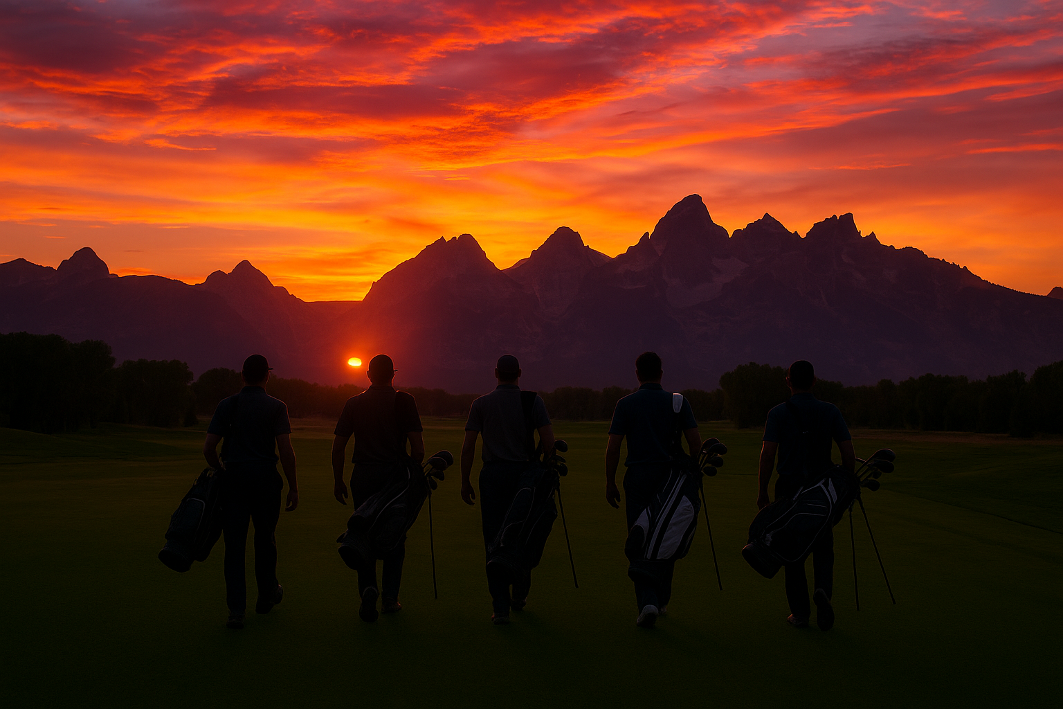 Golf picture with 4 guys walking away from camera with a mountain in the back with a beautiful sunset